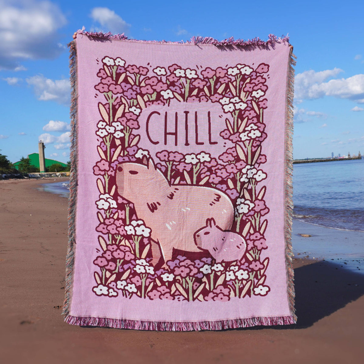 Pink Woven Blanket Featuring Chill Capybaras and Flowers