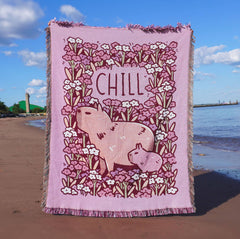 Pink Woven Blanket Featuring Chill Capybaras and Flowers