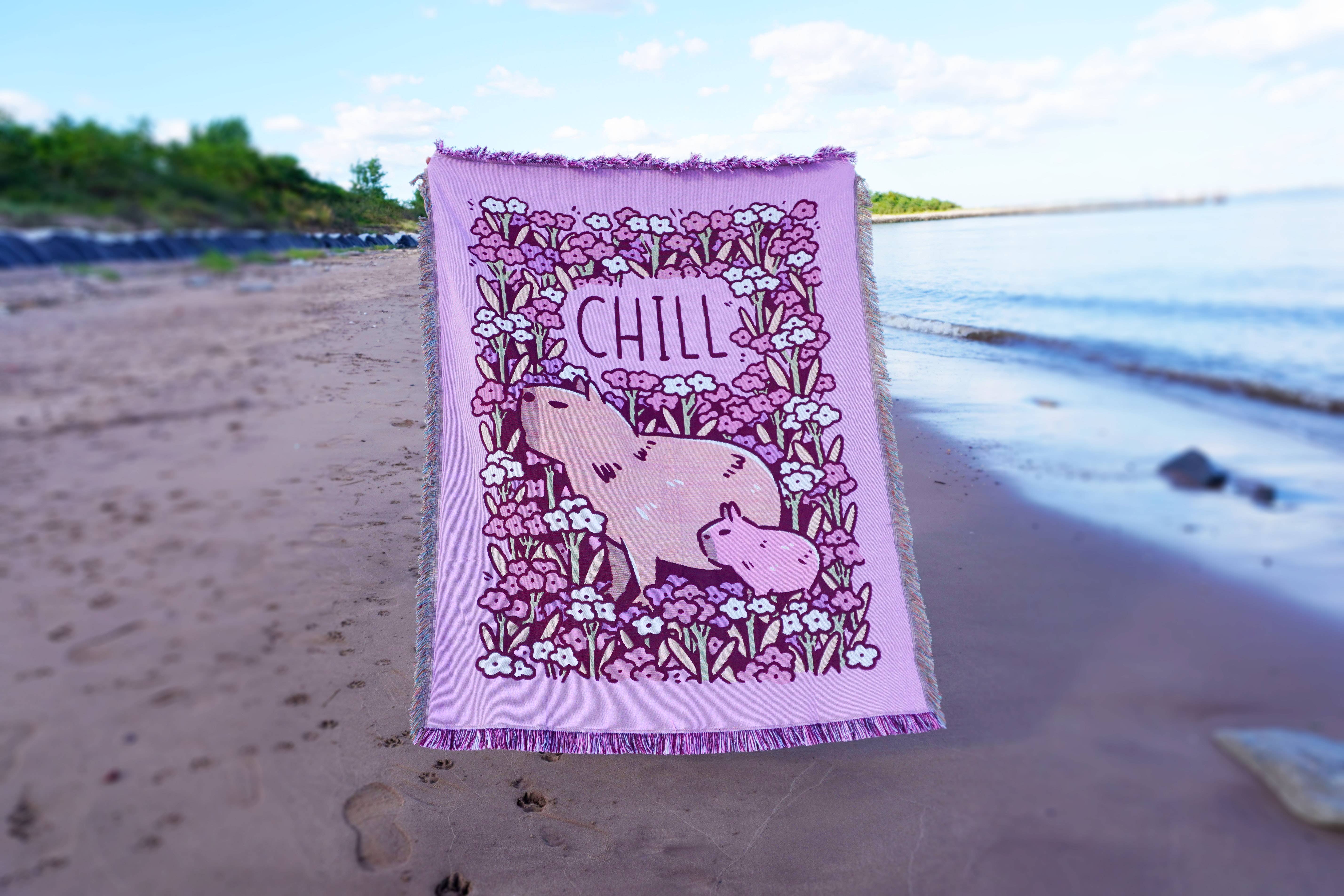 Pink Woven Blanket Featuring Chill Capybaras and Flowers